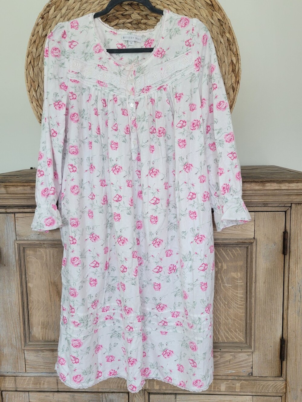 Eileen West White Nightgown with Pink Rose Print